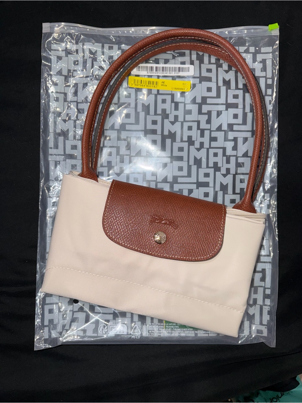 Authentic Longchamp Le Pliage Medium Shoulder Bag in Cream with Brown Trim